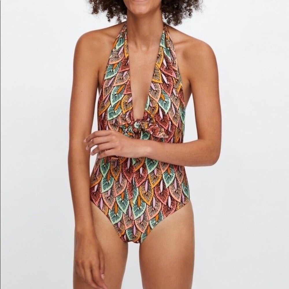 Zara Leaf Print Halter One Piece
